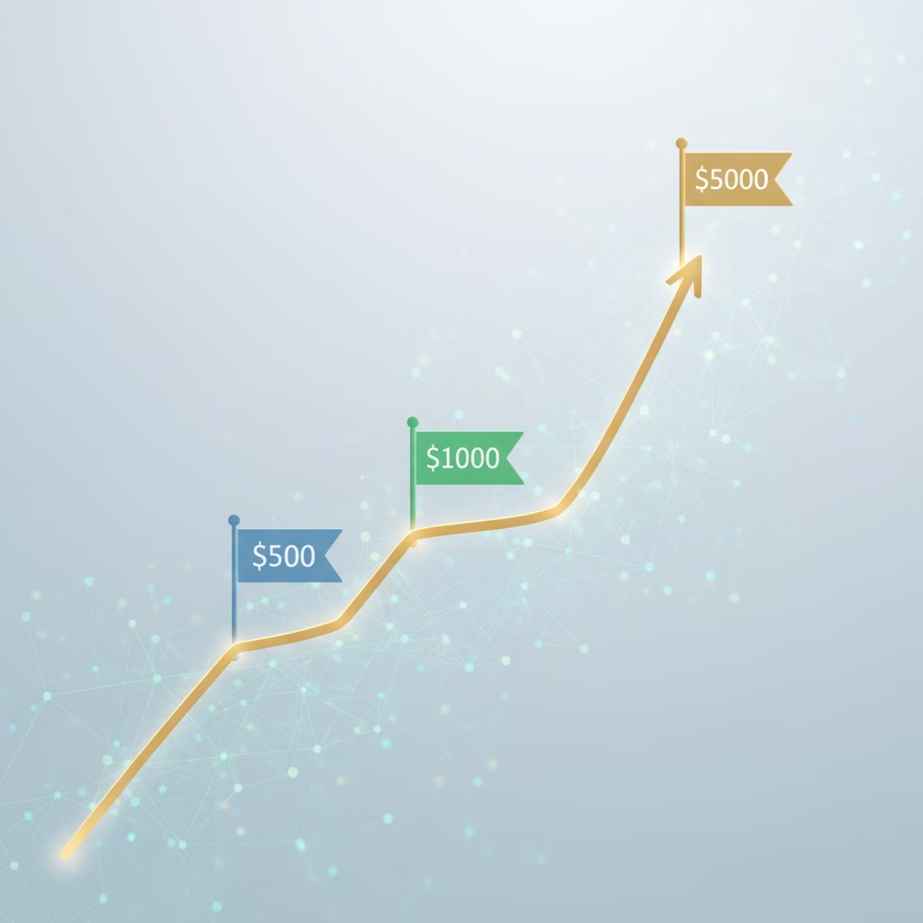 Earnings trajectory graph showing progressive financial milestones with achievement flags