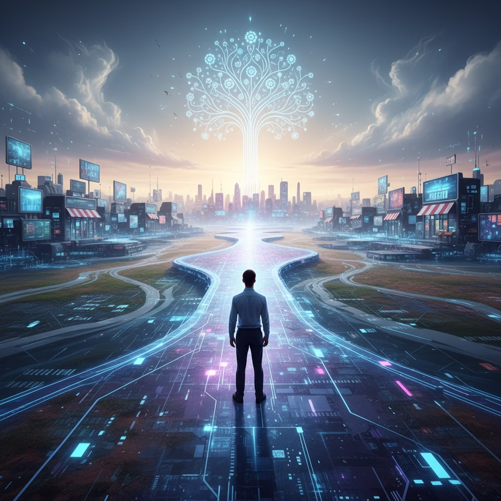 Entrepreneur standing at the start of a digital business journey, with successful destination visible in the distance