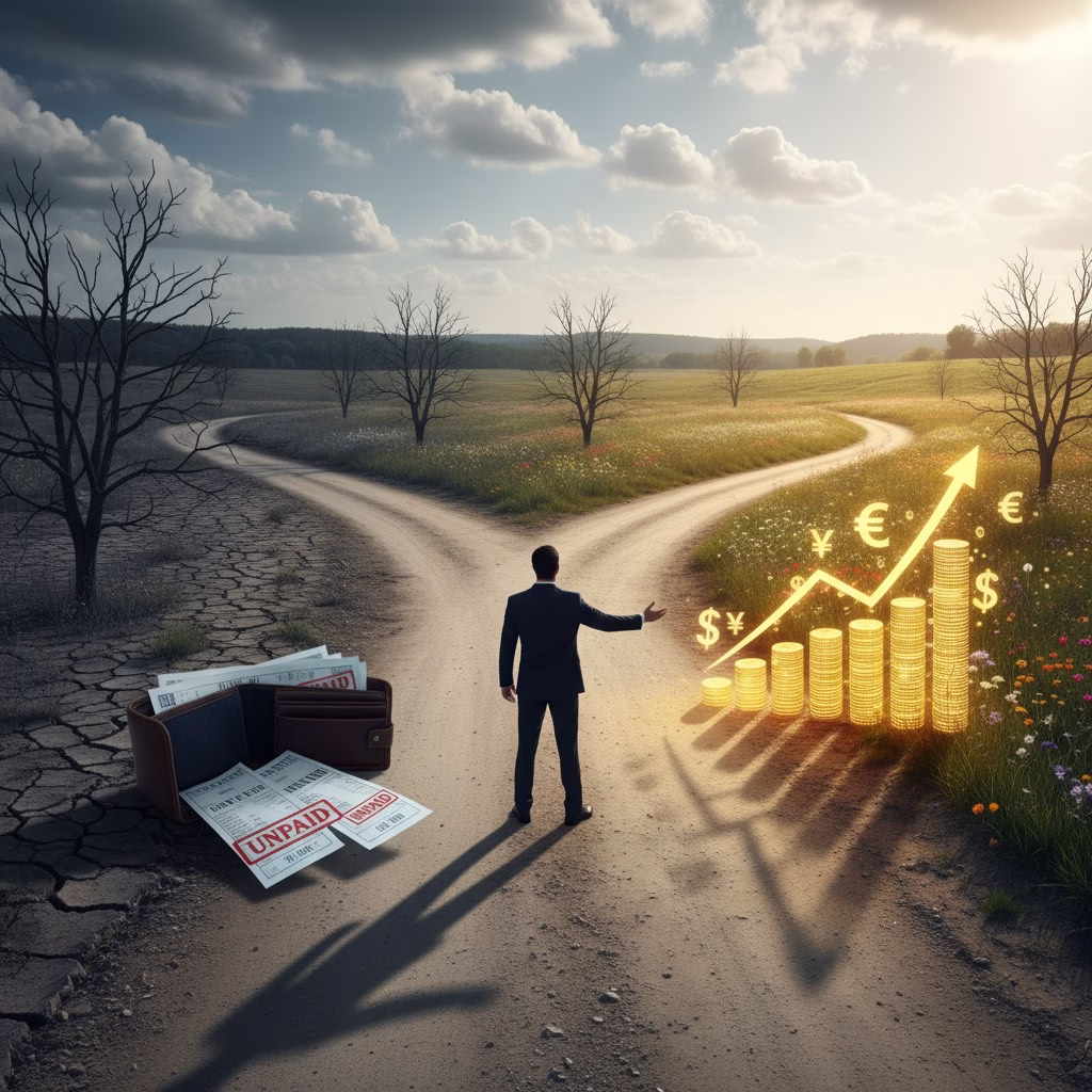 Financial crossroads showing path from economic struggle to financial success and opportunity