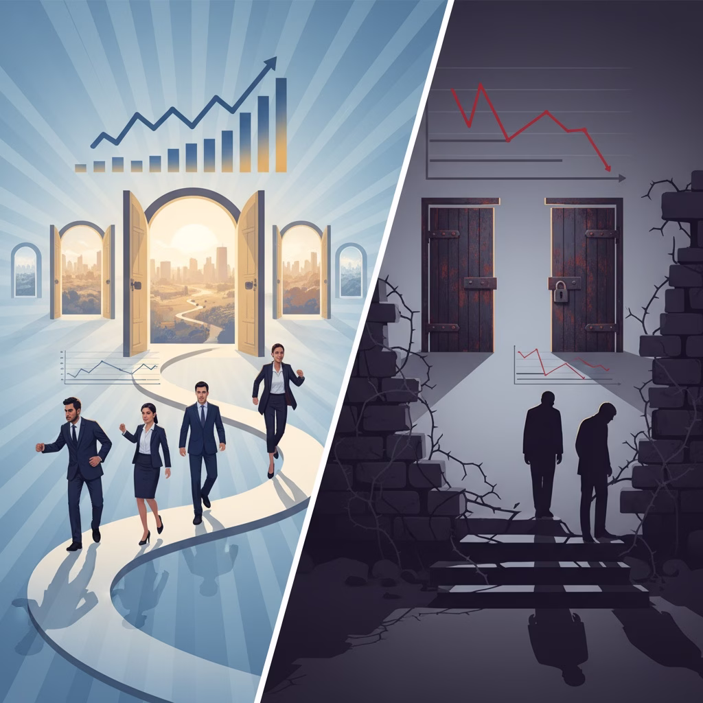 Split-screen visualization showing entrepreneurial paths: motivated individuals with growth opportunities on the left, blocked paths for unmotivated candidates on the right